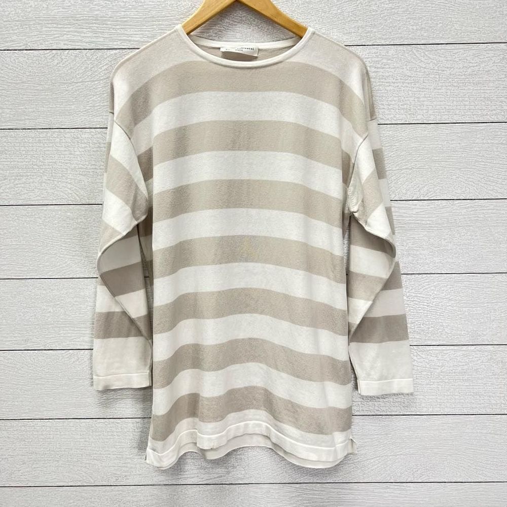Amina Rubinacci Italy Cotton White Grey Striped Pullover Sweater Button Sleeve S